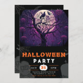 Lila Night Full Moon Black Bird Black Halloween Einladung (Vorne/Hinten)