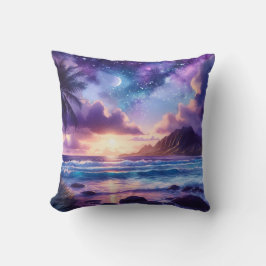 Lila Night Sky Moon Tropical Beach Szene Kissen