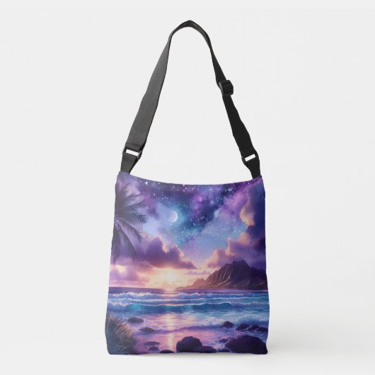 Lila Night Sky Moon Tropical Beach Tragetaschen Mit Langen Trägern (Vorderseite)