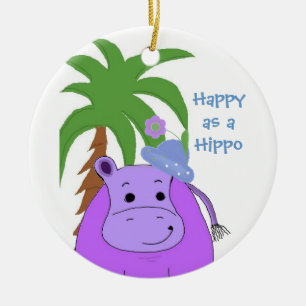 Lila Nilpferd mit Palme Keramik Ornament