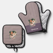 Lila Oberteil mit Elfenbeinstreifen Ofenhandschuh & Topflappen-Set (Vorderseite/Rückseite)