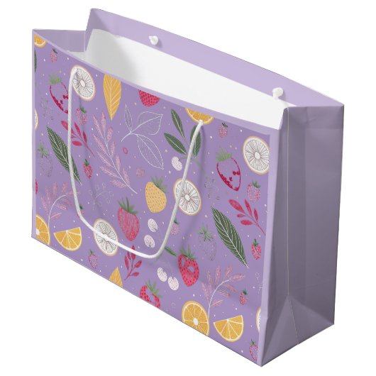 "Lila Obst- und Leaf-Muster-Geschenktüte" Große Geschenktüte (Vorderseite Schrägansicht)