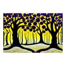 Lila Obstbäume mit fett gelbem Hintergrund