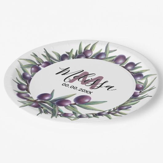 Lila Olivenbaum Pappteller (Schrägansicht)