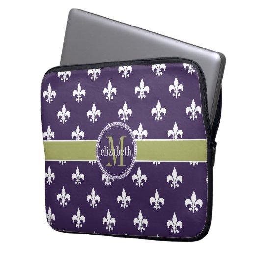 Lila olivgrünes Grün-weißes Lilien-Monogramm Laptopschutzhülle (Vorderseite Links)