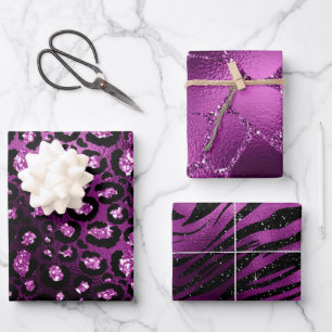 Lila Ombre Glam Glitzer Jungle Animal Print Geschenkpapier Set