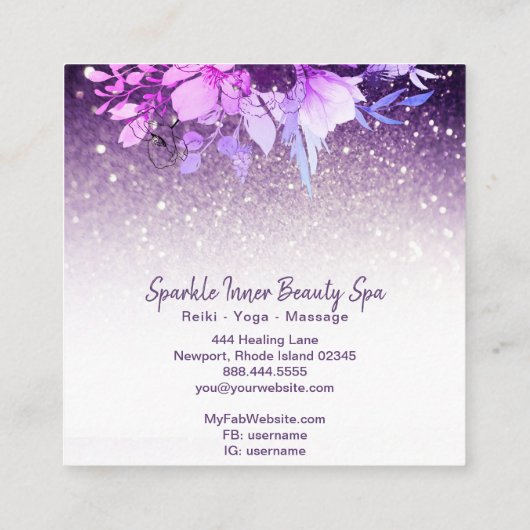 ~ Lila Ombre Glitzer Beauty Wellness-Center Floral Quadratische Visitenkarte (Rückseite)