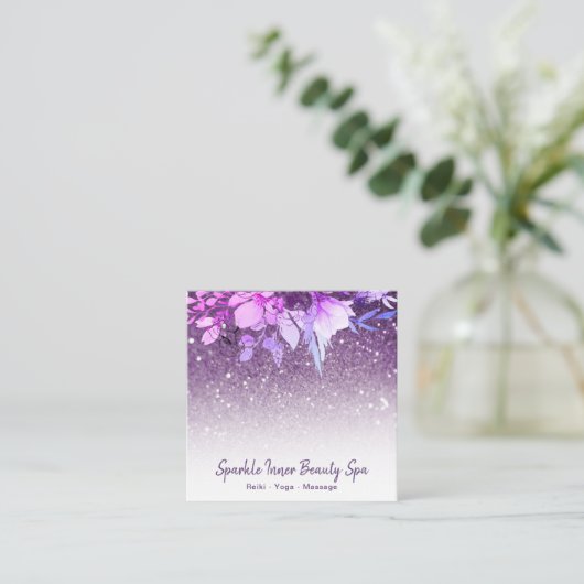 ~ Lila Ombre Glitzer Beauty Wellness-Center Floral Quadratische Visitenkarte (Stehend Vorderseite)