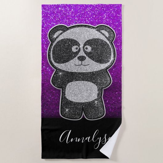 Lila Ombre Glitzer Schwarz-weiß Panda Bear Bling Strandtuch (Vorderseite)