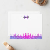 Lila Ombre Glitzer Tropfen Skript Mit Monogramm Mitteilungskarte (Vorderseite/Rückseite Beispiel)