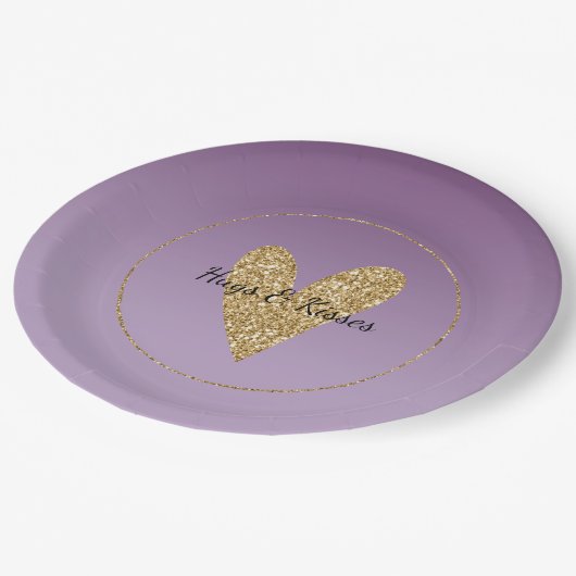Lila Ombre Gold Glitzer Herz Pappteller (Schrägansicht)