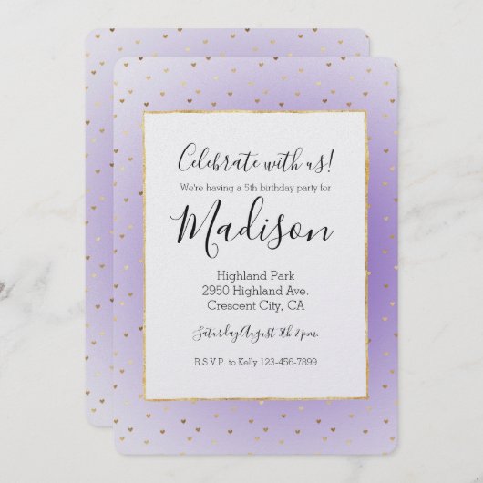 Lila Ombre Gold Hearts Einladung (Vorne/Hinten)