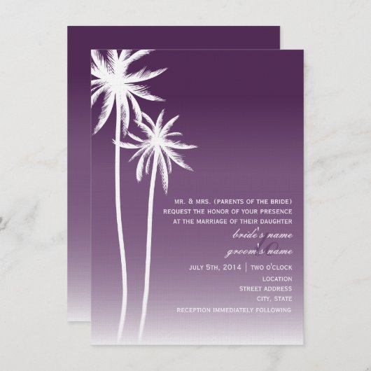 Lila Ombré Palm Trees Beach Hochzeit Einladung (Vorne/Hinten)