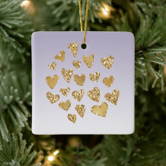 Lila Ombre Sparkle Gold Glitzer Hearts Keramikornament (Baum)
