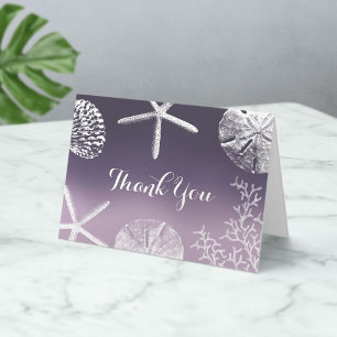 Lila Ombre Starfish Seashells Beach Wedding Dankeskarte