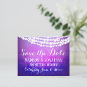 Lila Ombre String Lights Rustikal Save the Date Postkarte (Stehend Vorderseite)