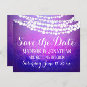 Lila Ombre String Lights Rustikal Save the Date Postkarte (Vorne/Hinten)