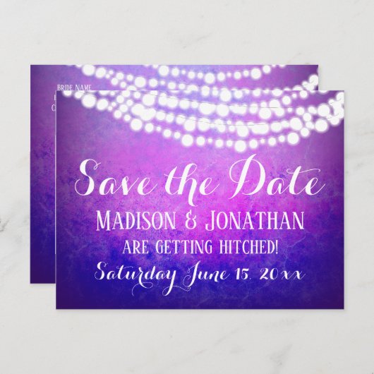 Lila Ombre String Lights Rustikal Save the Date Postkarte (Vorne/Hinten)