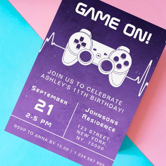 Lila Ombre Video Game Gamer Kindergeburtstag Party Einladung