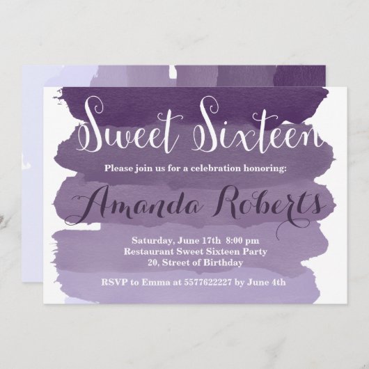 Lila ombre Watercolor moderner Bonbon 16 Einladung (Vorne/Hinten)
