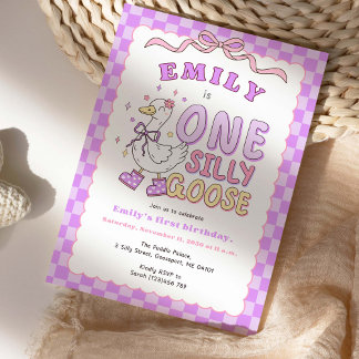 Lila One Silly Goose-Retro Mädchen Erster Geburtst Einladung