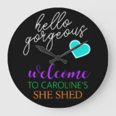 Lila Orange Aqua White Retro Sie Shed Welcome Große Wanduhr (Vorderseite)