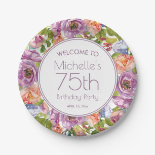 Lila Orange Aquarell Blumen 75. Geburtstag Pappteller