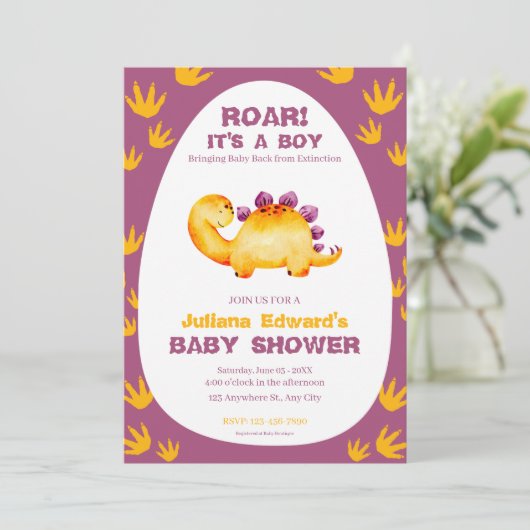 Lila Orange Aquarell Dinosaur Baby Boy Dusche Einladung (Stehend Vorderseite)