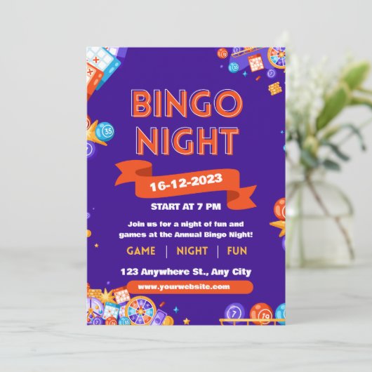 Lila & Orange Bingo Fun Night Invite Fundraiser Einladung (Stehend Vorderseite)