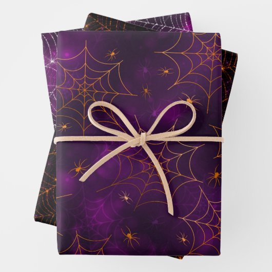 Lila, Orange & Black CobwebHalloween Bokeh Geschenkpapier Set (Beispiel)