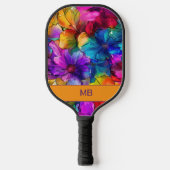 Lila Orange Blue Alcohol Tinte Floral Monogramm Pickleball Schläger (Vorderseite)