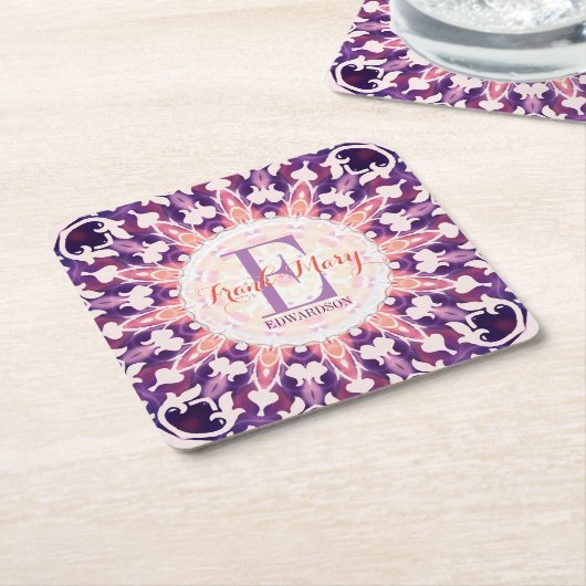 Lila Orange Bluebell Sun Monogram Paper Untersetze Rechteckiger Pappuntersetzer (angewinkelt)