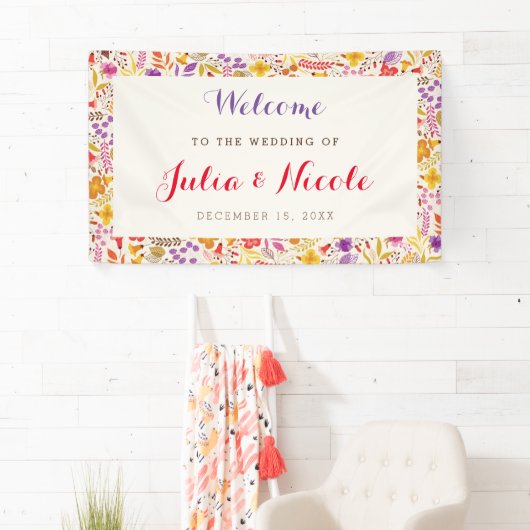 Lila Orange Boho Wildblume Foliage Hochzeit Banner (Insitu)