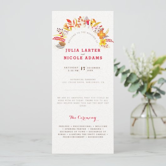 Lila Orange Boho Wildblume Foliage Hochzeit Programm (Stehend Vorderseite)