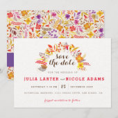 Lila Orange Boho Wildblume Foliage Hochzeit Save The Date (Vorne/Hinten)