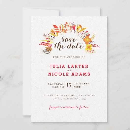 Lila Orange Boho Wildblume Foliage Hochzeit Save The Date (Vorderseite)