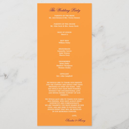 Lila & Orange Calla Lilies Hochzeitsprogramm Programm (Rückseite)