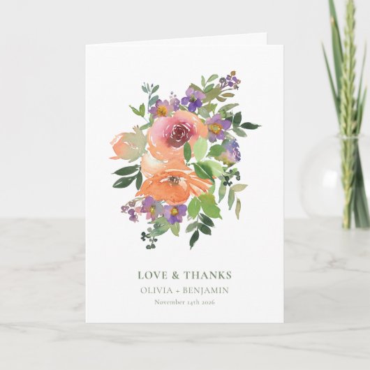 Lila Orange Floral Wedding Custom Message geklappt Dankeskarte (Vorderseite)
