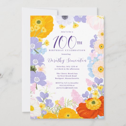 Lila-orange-gelbe Wildblumen 100. Geburtstag Einladung (Vorderseite)