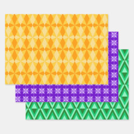 LILA ORANGE GREEN MARDI GRAS PATTERS GESCHENKPAPIER SET