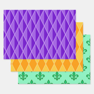 LILA ORANGE GREEN MARDI GRAS PATTERS GESCHENKPAPIER SET