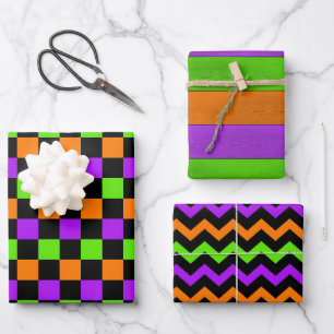 LILA ORANGE GRÜN GELB HALLOWEEN MUSTER GESCHENKPAPIER SET