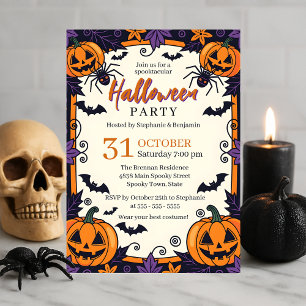 Lila-orange-gruselige Halloween-Party mit Kürbis Einladung