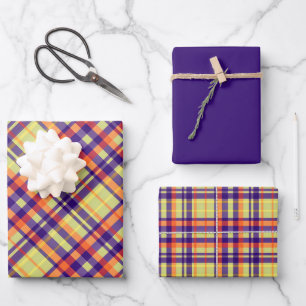 Lila, orange, Kalkgrün und Gelb Kariert Geschenkpapier Set