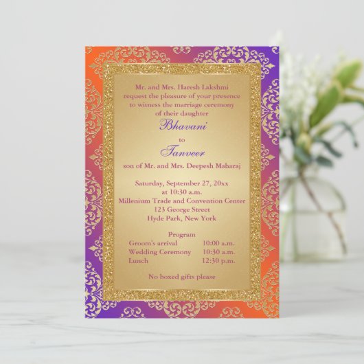 Lila, orange, laden Gold-IMITAT Glitzer-Hochzeit Einladung (Stehend Vorderseite)