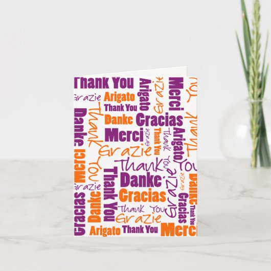 Lila Orange mehrsprachige Wortwolke Typografie Dankeskarte (Vorderseite)