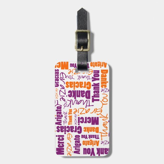 Lila Orange Multilingual Vielen Dank Typografie Gepäckanhänger (Vorderseite vertikal)