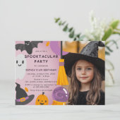 Lila Orange Niedlich Halloween Kindergeburtstag Fo Einladung (Stehend Vorderseite)