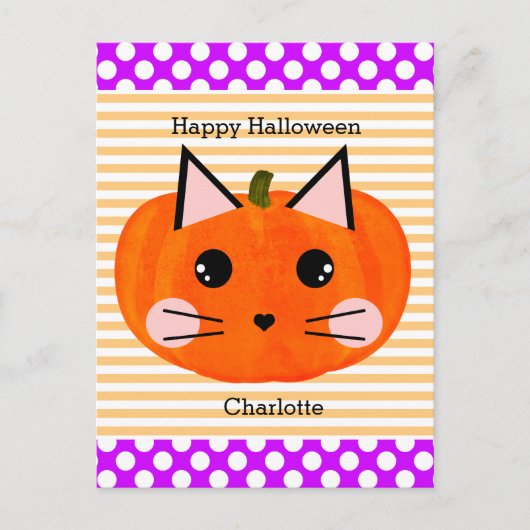 Lila Orange Pumpkin Cat Happy Halloween Postkarte (Vorderseite)