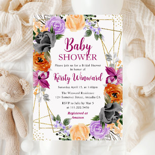 Lila Orange Schwarze Blumen Rahmen Baby Shower Einladung